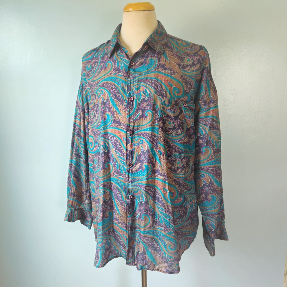 Protest Vtg 90s XL 100% Silk Paisley Button Down Shirt Teal Purple Long Sleeve